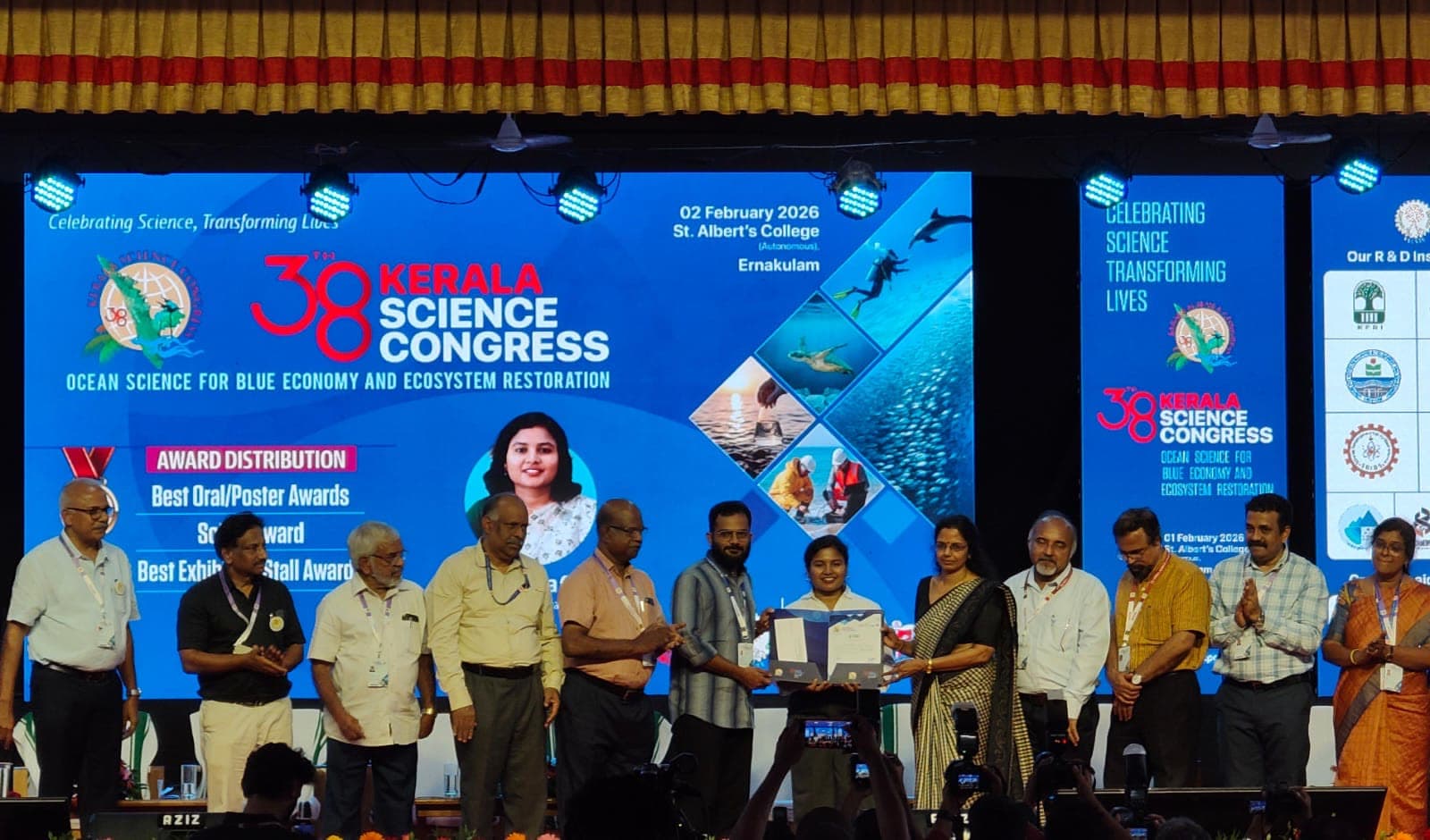 38-ാമത് കേരള ശാസ്ത്ര കോൺഗ്രസിലെ പുരസ്കാര വിതരണം, സെന്റ് ആൽബർട്സ് കോളേജ്, എറണാകുളം, 2026 ഫെബ്രുവരി.